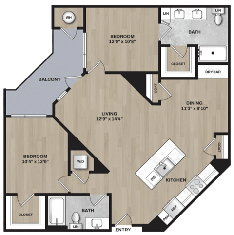 A floor plan of a house with a living room, dining room, kitchen, two bedrooms, a bath, a balcony, and a closet.